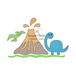 May include: An embroidery design featuring a green dinosaur, a blue dinosaur, and a brown volcano with orange lava erupting. The text "Sawyer's Charm Embroidery Designs" is included in the design.