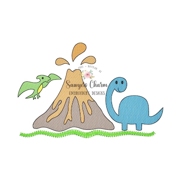 Dinosaur & volcano erupting sketch stitch machine embroidery design file, quick stitch dino Pterodactyl brontosaurus, prehistoric