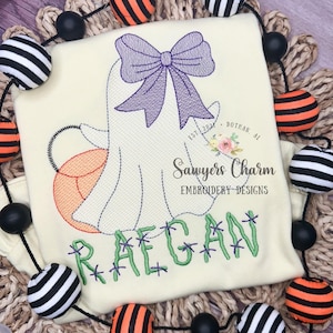 Ghost with bow & candy bucket sketch stitch machine applique embroidery design, quick stitch, fall, halloween, spooky season, trick or treat