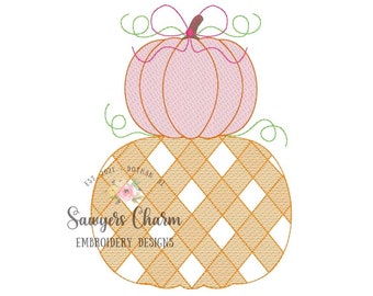 Gingham stacked pumpkins sketch stitch machine embroidery design BUNDLE, with/without coquette bow, fall