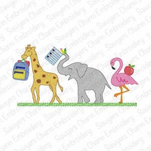 May include: An embroidered design featuring a giraffe, elephant, and flamingo, each carrying school supplies. The giraffe has a backpack, the elephant holds a notebook and pencils, and the flamingo carries an apple. The design is on a green grassy base.