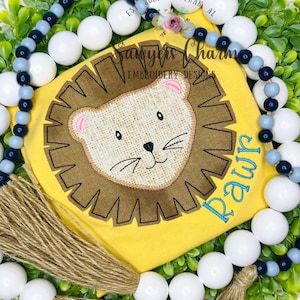 Aplicación en zigzag/puntada de frijol con cara de león, diseño de bordado a máquina, animal de la jungla, zoológico