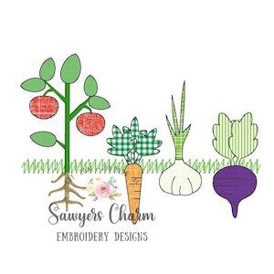 BUNDLE Veggie garden bean stitch applique AND sketch machine embroidery design file, fruit, vegetables, summer, spring, gardening, plants