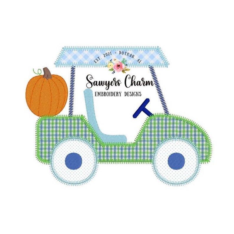 May include: Embroidered design of a green and blue golf cart with a pumpkin on top. The cart has a blue steering wheel and white wheels with blue centers. The text "Sawyers Charm Embroidery Designs" is above the cart.