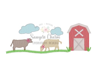 BUNDLE Vaches dans le champ avec/sans noeuds, motif de broderie machine à croquis grange, animaux, éleveur de bétail