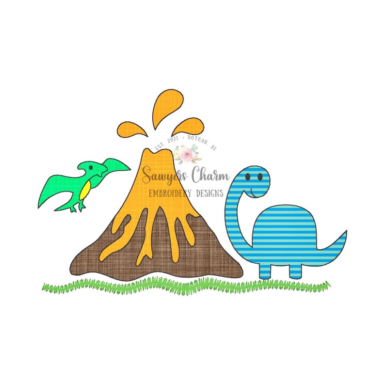 Dinosaur & Volcano Erupting Bean Stitch Applique, Machine Embroidery ...