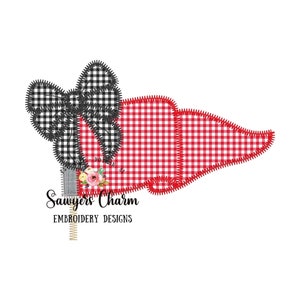 May include: A red and white gingham carrot design with a black and white gingham bow. The design includes the text "Sawyers Charm EMBROIDERY DESIGNS" and a small floral arrangement. The design is on a white background.