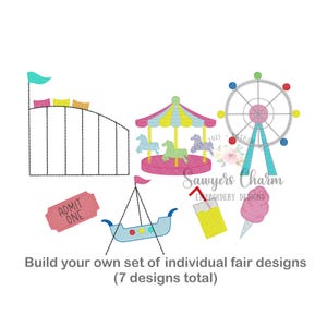 May include: A set of seven machine embroidery designs featuring carnival elements: a roller coaster, a carousel with horses, a Ferris wheel, an admit one ticket, a boat ride, a drink with a straw, and a pink cotton candy cone.