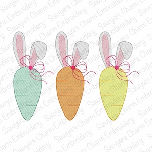 May include: Three embroidered carrots with bunny ears and pink bows. The carrots are green, orange, and yellow.