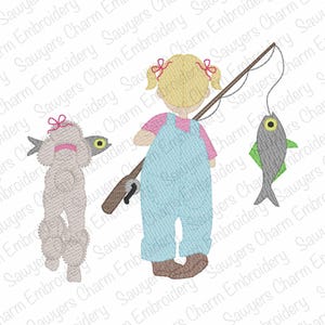May include: An embroidered design showing a girl in blue dungarees holding a fishing rod with a fish. A poodle with a fish in its mouth is also present. The design is in a cartoon style.