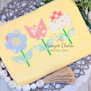 Quilt style flowers bean stitch applique trio, machine embroidery design, hexagon, tulip, cone flower