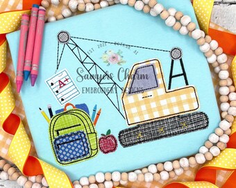 School crane bean stitch applique, machine embroidery design, construction digger, truck transportation, backpack, supplies