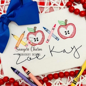 XOXO pencils, crayons, apple trio sketch stitch machine embroidery design file, quick stitch, colors, back to school, supplies, heart, love