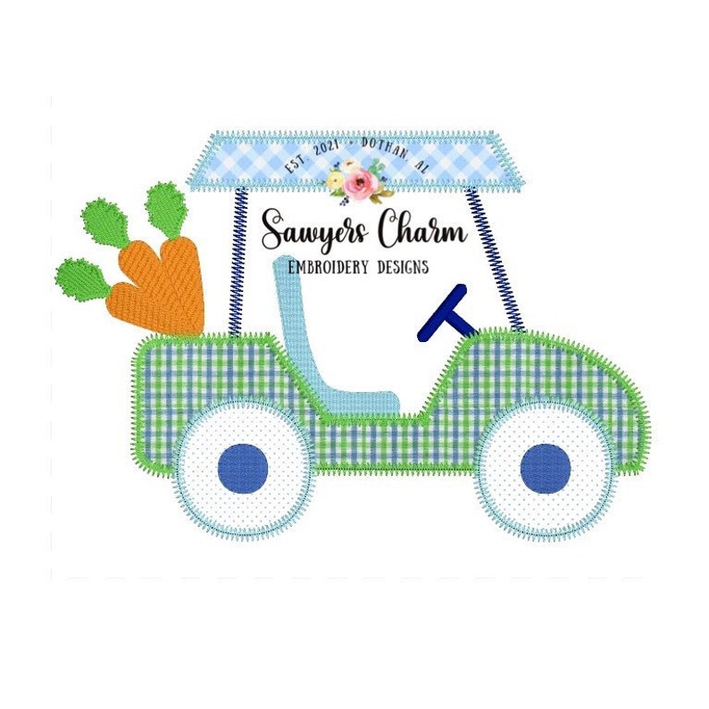 May include: A green and blue checkered golf cart with a blue steering wheel and a single carrot sticking out of the back. The cart has a white roof with a blue and white checkered pattern. The text "Sawyers Charm Embroidery Designs" is written on the side of the cart.