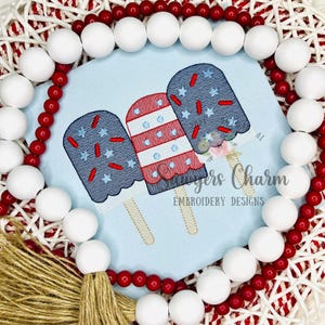 Patriotic popsicles trio with sprinkles sketch machine embroidery design, quick stitch, bean stitch, stars stripes, red white blue, July 4th
