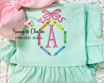 Mini fill crayons with bow monogram frame machine embroidery design file, quick stitch, perfect for monograms, satin, colors, back to school