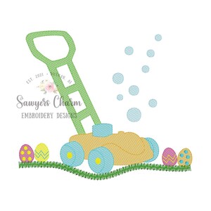 May include: A green lawnmower with a yellow body and blue wheels is mowing a patch of green grass. There are three colorful Easter eggs on the grass. The lawnmower is blowing bubbles.