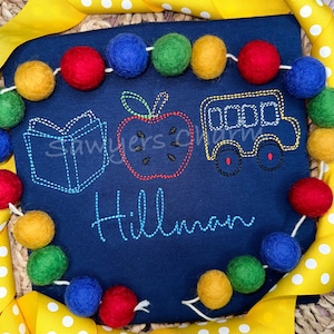 BUNDLE Squiggly Back to school apple book bus trio with & without heart/bow bean stitch embroidery design file, quick stitch, scribble