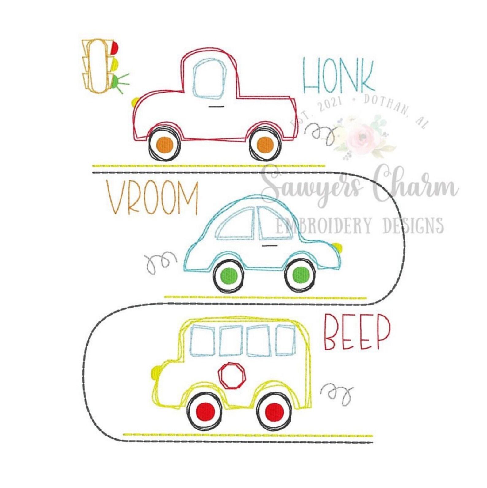 Squiggly Truck, Car, Bus Trio Bean Stitch Machine Embroidery Design ...