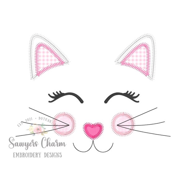 BUNDLE Sweet kitty cat face zig zag & bean stitch applique, machine embroidery design file, fall halloween, spooky season, black cat, purr