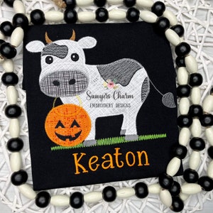 BUNDLE Cow jack o lantern candy bucket, with & without bow zig zag applique, machine embroidery design file, fall pumpkin trick or treating