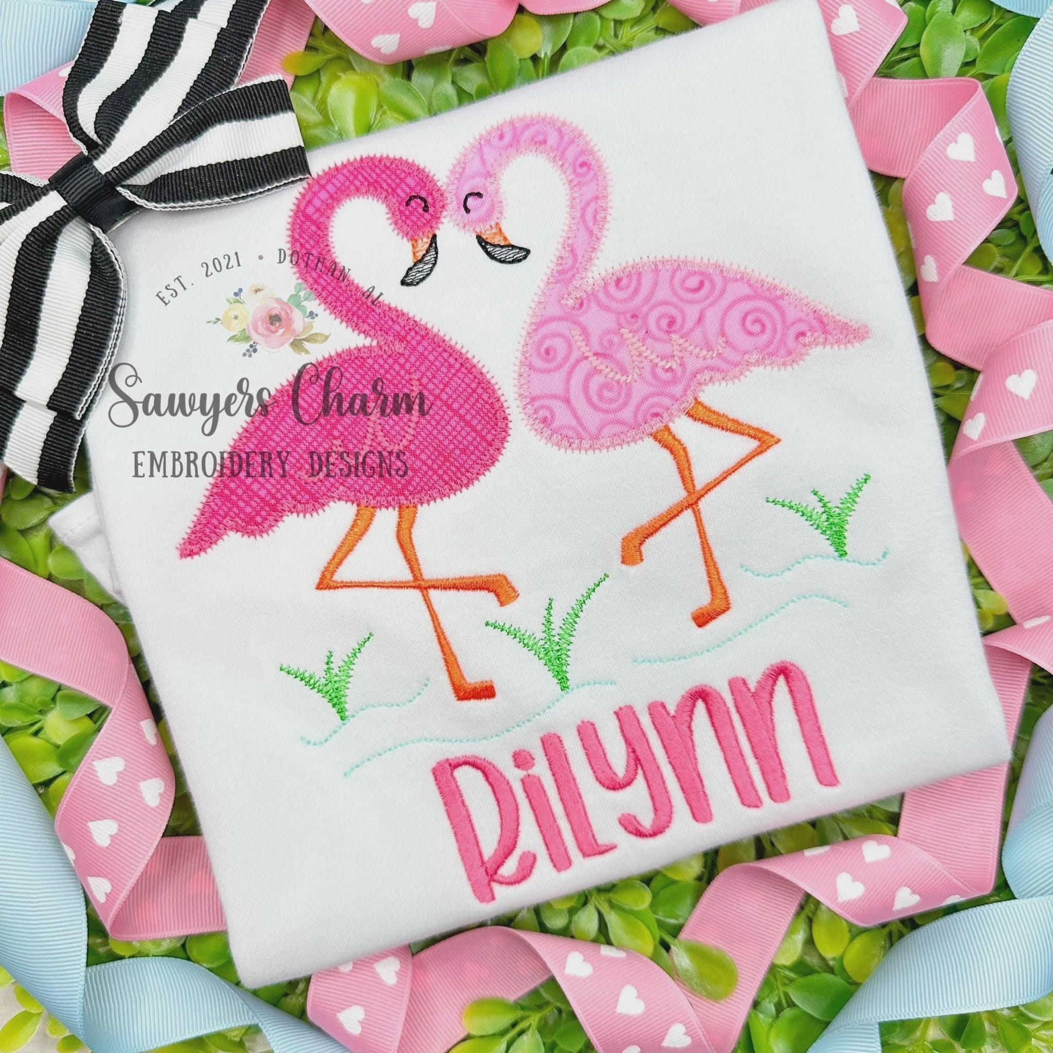 Pair of Flamingos With Hearts Zig Zag Stitch Machine