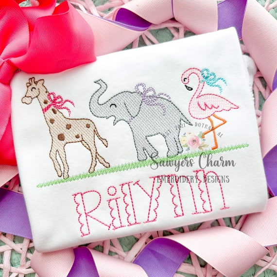 BUNDLE Zoo/jungle/safari animals with & without coquette bow sketch stitch trio, machine embroidery design file, giraffe, elephant, flamingo