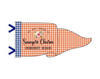 May include: Orange and white gingham banner with blue ribbon ties. The banner has the text "Sawyers Charm Embroidery Designs" and "Est. 2021 Dothan, AL".