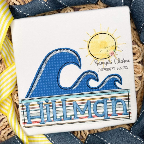 BUNDLE Big ocean wave, name plate, sunshine bean & zigzag applique machine embroidery design file, summer nautical beach, surfing, sand