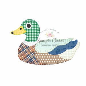 May include: A whimsical duck design with a green gingham head, yellow beak, and a patchwork body. The duck's body features various patterns, including plaid, polka dots, and floral prints. The design includes the text "Sawyers Charm Embroidery Designs".