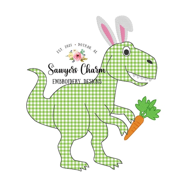 Easter bunny ears T-Rex bean stitch applique, with carrot machine embroidery design file, quick stitch, tyrannosaurus rex dinosaur dino