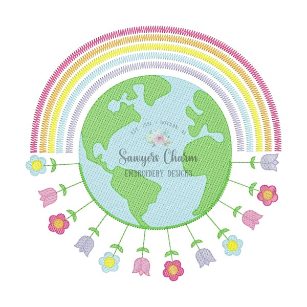 Earth with rainbow & flowers sketch stitch machine embroidery design file, quick stitch, spring, Earth Day, summer, floral, recycle, planet