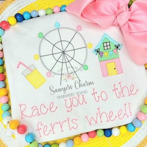 County fair, colorful cabins with banner, ferris wheel, machine embroidery design file, sketch, lemonade, festival, trio, quick stitch