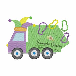 May include: A green garbage truck with a purple cab and a jester's hat. The truck is decorated with purple and green beads. The text "Sawyers Charm Embroidery Designs" is on the side of the truck.