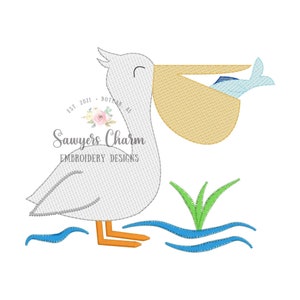 ペリカンと魚のライトフィルスケッチステッチマシン刺繍デザインファイル、夏、クイックステッチ、ビーチ、海、湖、水、波、湿地、草