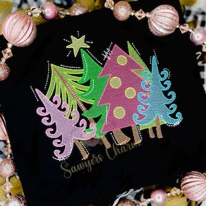Whimsical, modern, woodland trees with star light fill sketch stitch machine embroidery design, happy holidays, Merry Christmas, coquette