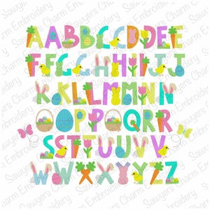Letras de puntada rellenas con fuente para bordar a máquina de Pascua/primavera, pollito, mariposa, zanahoria, conejito, huevos y canasta, flores de tulipán, caja incluida