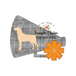 Megaphone pom pom hound dog bean stitch applique, machine embroidery design file, cheerleading, mascot, college high school, vols, smokey