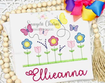 Row of wildflowers in grass with butterflies sketch stitch machine embroidery design, spring flowers tulip daisy lavender summer