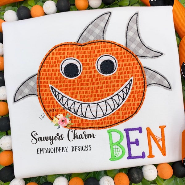 Halloween shark jackolantern spooky bean stitch machine applique design, embroidery file, fall pumpkin, beach, costume, quick stitch