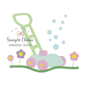 Toy bubble mower with flowers sketch stitch machine embroidery design file, quick stitch, beans stitch, grass, summer spring outdoors floral