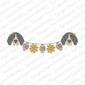 Hound dog mascot footballs pompom bunting banner, sketch stitch machine embroidery design, quick stitch, college sports, cheer, coquette bow