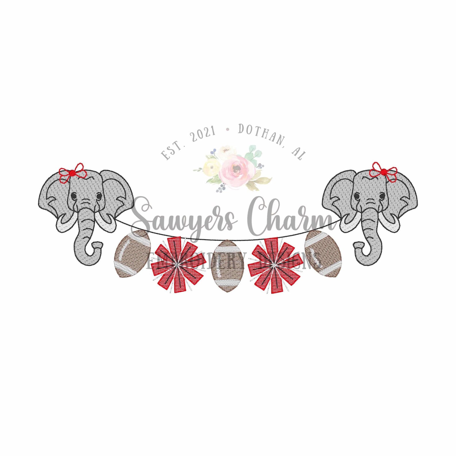 Elephant & Footballs/pom Poms Bunting Banner Sketch Stitch Embroidery ...