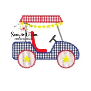 May include: A red, white, and blue gingham patterned golf cart with a yellow star garland. The golf cart has a red roof and a blue body. The wheels are red with white polka dots and a yellow star in the center.