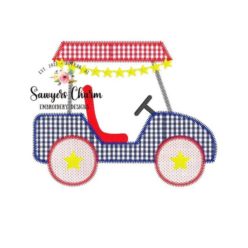 May include: A red, white, and blue gingham patterned golf cart with a yellow star garland. The golf cart has a red roof and a blue body. The wheels are red with white polka dots and a yellow star in the center.