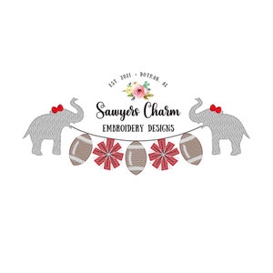 Elephant sports mascot football pompoms bunting banner with bows sketch stitch embroidery design file, cheer, college university/high school