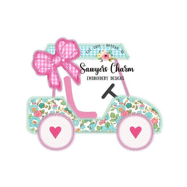 Girl Golf cart with hearts and bow zigzag machine embroidery applique design file, quick stitch