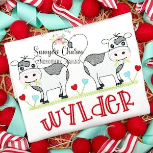 Valentine's Day Cows sketch stitch machine embroidery design, Hearts & flowers, farm animal