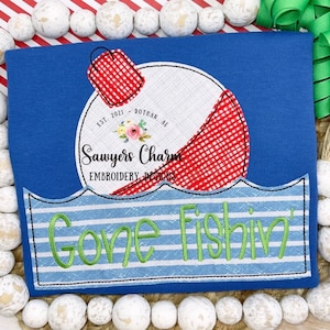 BUNDLE Bobber in water with name plate zig zag & bean stitch machine embroidery design file, outdoors, fishing pole, quick stitch, bait
