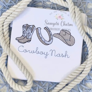 File di disegno per ricamo a macchina con motivo a punto schizzo per stivali da cowboy/ferro da cavallo/cappello, punto fagiolo, punto veloce, musica country di Nashville, cowboy